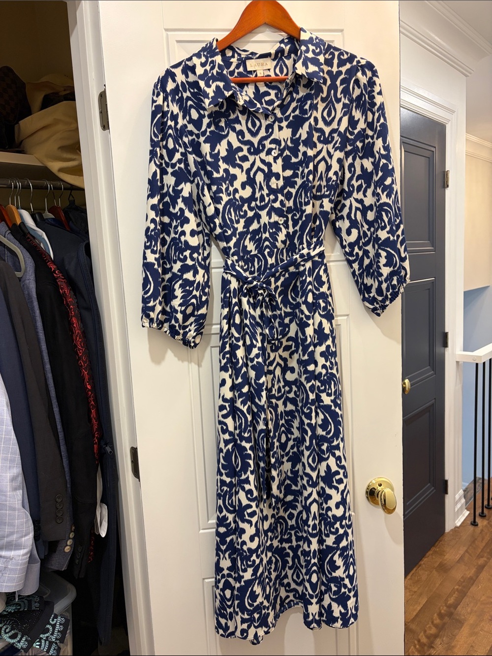Diane Von Furstenberg Navy and White Patterned Maxi Shirt Dress